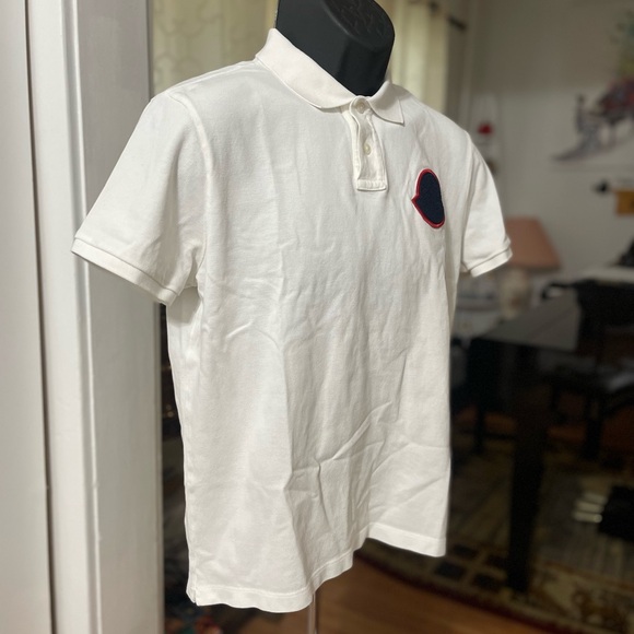 Like New Men’s Size Small MONCLER Chenille Logo Patch Polo Shirt White/Black/Red - Picture 9 of 16